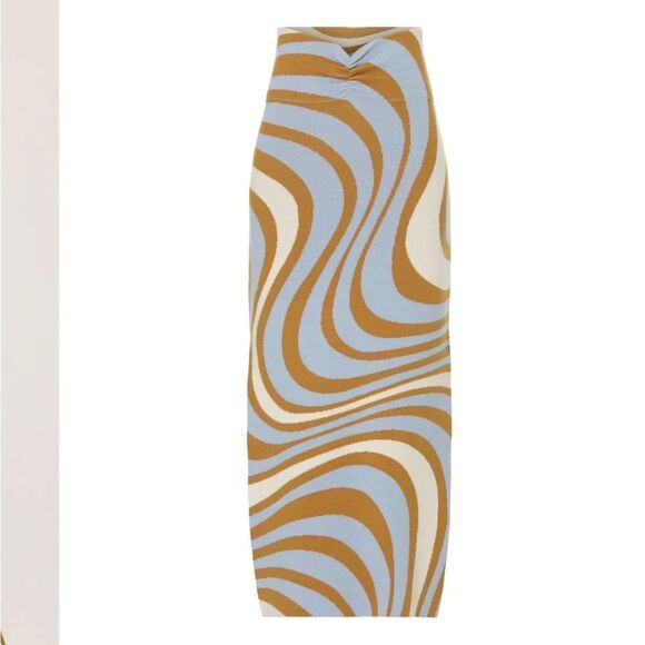 RHODE Ettie Floral Knit Midi Skirt Blue Brown Maxi Pencil Skirt Slit NWT L - Picture 3 of 12